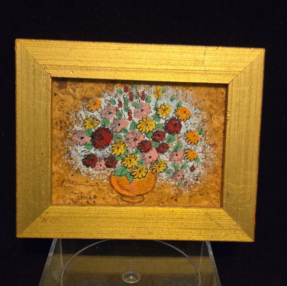 LINA signed framed floral still life painting on cork. 5×4 inches